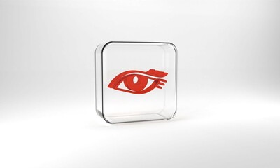 Red Beautiful woman eye icon isolated on grey background. Glass square button. 3d illustration 3D render