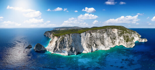 Panoramic aerial view of the coast at Keri, Zakynthos island, with turquoise sea, beaches, caves...