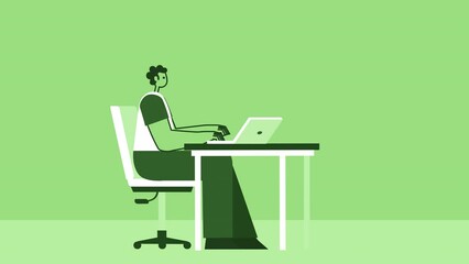Green Style Man Flat Character with Laptop Have Problem and Angry at Workplace. Isolated Loop Animation with Alpha Channel
