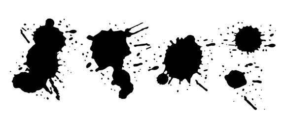 Set of black Ink spot and dots. Drops and splashes, blots of liquid paint. Watercolor grunge vector illustration.
