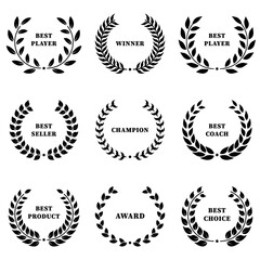 Chaplet for Success Winner Silhouette Black Icon Set. Laurel Wreath Sheet Award Achievement Pictogram. Victory Champion Circle Leaf Olive Branch Reward Best Choice. Isolated Vector Illustration