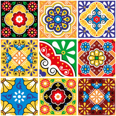 Seamless tile vector pattern collection Mexican talavera style, repetitive ornamental tiled backgound 
