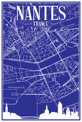 Technical drawing printout city poster with panoramic skyline and hand-drawn streets network on blue background of the downtown NANTES, FRANCE