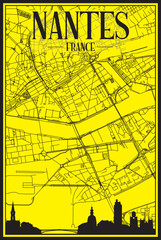 Golden printout city poster with panoramic skyline and hand-drawn streets network on yellow and black background of the downtown NANTES, FRANCE