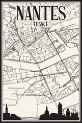 Light printout city poster with panoramic skyline and hand-drawn streets network on vintage beige background of the downtown NANTES, FRANCE