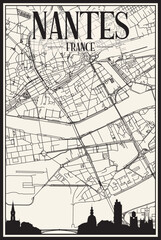 Fototapeta premium Light printout city poster with panoramic skyline and hand-drawn streets network on vintage beige background of the downtown NANTES, FRANCE