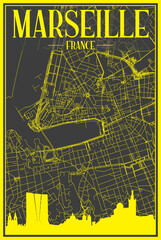 Yellow printout city poster with panoramic skyline and hand-drawn streets network on dark gray background of the downtown MARSEILLE, FRANCE