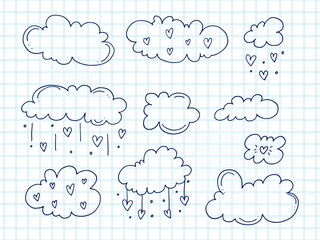 Set of cute hand-drawn doodle elements about love. Message stickers for apps. Icons for Valentines Day, romantic events and wedding. A checkered notebook. Clouds and rain from hearts.