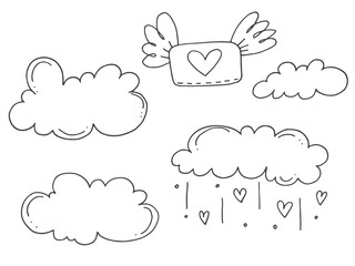 Set of cute hand-drawn doodle elements about love. Message stickers for apps. Icons for Valentines Day, romantic events and wedding. A love letter in an envelope with a heart in the sky with clouds.