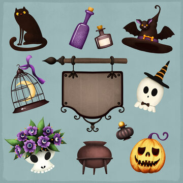 Halloween fantasy greeting card poster or illustration for Halloween party invitation. 