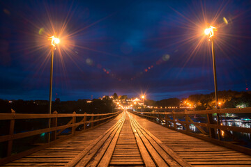 Fototapeta na wymiar Mon Bridge at the night time, Sangklaburi, Kanchanaburi, thailand