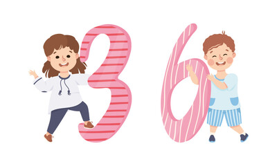 Cute happy kids with numbers. Joyful boy and girl holding three and six number. Birthday ages, party decoration, education materials cartoon vector illustration