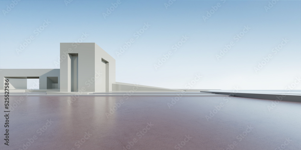 Poster 3d render of abstract futuristic architecture with concrete floor.