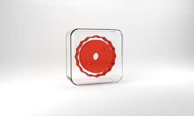 Red Circular saw blade icon isolated on grey background. Saw wheel. Glass square button. 3d illustration 3D render