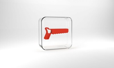 Red Hand saw icon isolated on grey background. Glass square button. 3d illustration 3D render