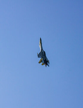 MAKS-2011. Soviet-Russian multi-role fighter Su-35 (NATO - Flanker-E) generation four plus plus performs vertical climb flight. Close-up. Zhukovsky, Russia - August 16, 2011
