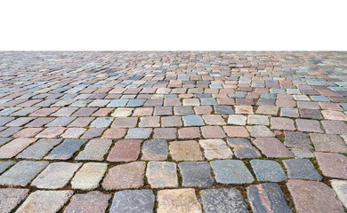 Old cobblestone sidewalk, pavement isolated on white, perspective view