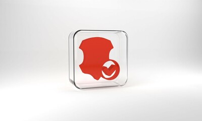Red Leather icon isolated on grey background. Glass square button. 3d illustration 3D render