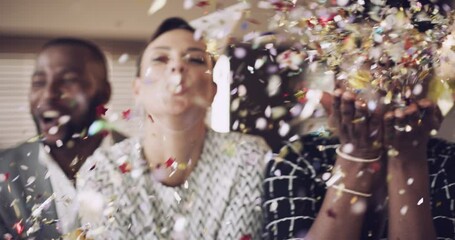 Friends celebrate birthday party with confetti, happy group of people at celebration and happiness at social event together. Excited man and woman gathering for surprise, showing friendship and smile