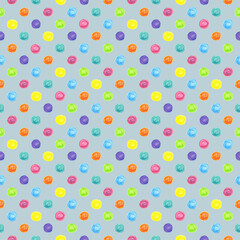 Seamless pattern bright colorful dots drawn with wax crayons on a blue grey background. For fabric, sketchbook, wallpaper, wrapping paper.