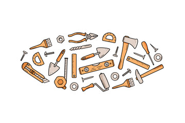 Construction tools, doodle vector set of repair elements, cartoon icons.