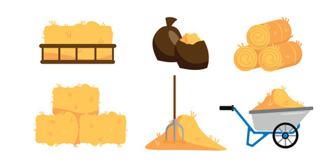 Set of hay storage in cartoon style. Vector illustration of straw in a wheelbarrow, bear, in bulk with pitchforks, bales, boxes, rolls on white background. © MVshop