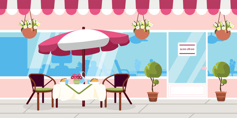 Vector illustration of beautiful interior cafe terraces. Cartoon interior with umbrella, table, chairs, cafe, sandwiches, water, flowerpots.