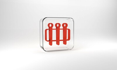 Red Needle for sewing icon isolated on grey background. Tailor symbol. Textile sew up craft sign. Embroidery tool. Glass square button. 3d illustration 3D render