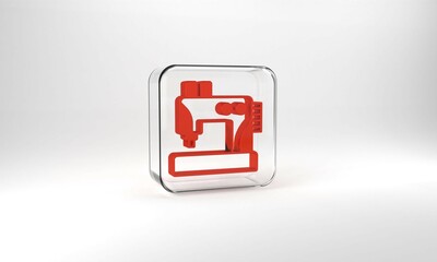 Red Sewing machine icon isolated on grey background. Glass square button. 3d illustration 3D render