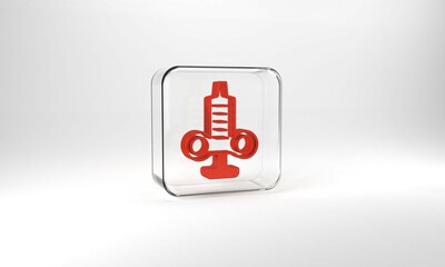 Red Syringe icon isolated on grey background. Syringe for vaccine, vaccination, injection, flu shot. Medical equipment. Glass square button. 3d illustration 3D render
