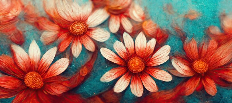 Ethereal surreal daisy flowers art in lovely pastel red and blue fusion colors, flowing fiery background bokeh blur. Unique and sublime blooming spring vibes.
