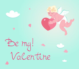 Cute baby Cupid isolated on sky background.