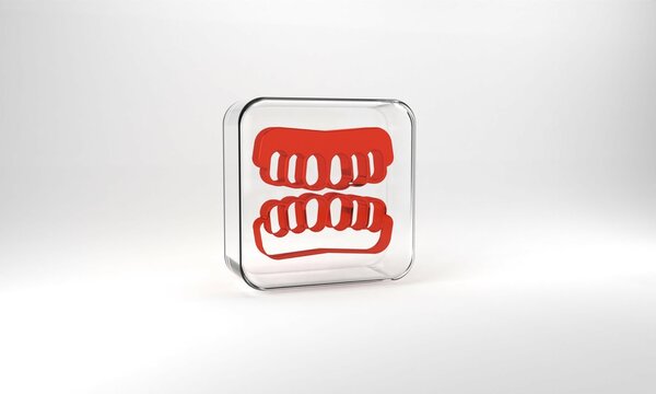 Red Dentures model icon isolated on grey background. Teeth of the upper jaw. Dental concept. Glass square button. 3d illustration 3D render