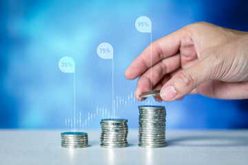 A man's concept of savings and investment, hierarchy and income of savings, has figures and profit...