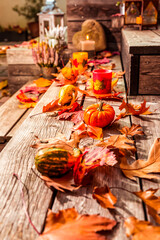 Obraz na płótnie Canvas Beautiful autumn decoration with pumpkins, lantern and leaves for patio