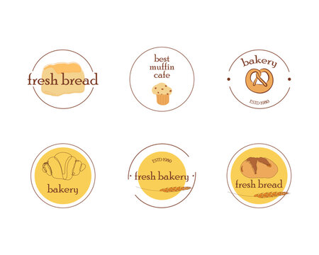 Fresh bread bakery shop, cafe logo vector design. Bread, croissant, muffin, cake french pastry  icons. Round yellow, brown icons.
