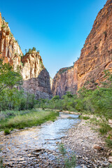 Virgin river at Zion National park vertical view of riverbed with Zion mountains