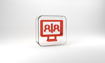 Red Video chat conference icon isolated on grey background. Online meeting work form home. Remote project management. Glass square button. 3d illustration 3D render