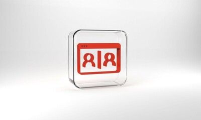 Red Video chat conference icon isolated on grey background. Online meeting work form home. Remote project management. Glass square button. 3d illustration 3D render