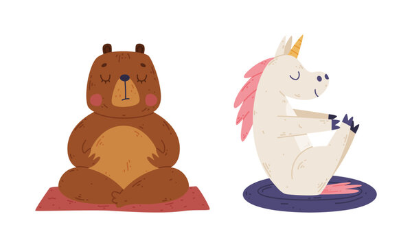 Cute animals doing yoga. Bear and unicorn meditating set cartoon vector illustration