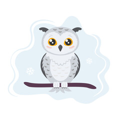 Cartoon snowy owl with yellow eyes sitting on branch. Cute white owlet in winter. Isolated on white background. Vector flat illustration