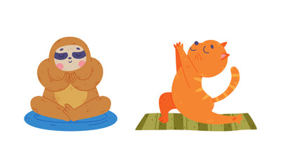 Cute animals doing yoga. Sloth and cat performing yoga asanas set cartoon vector illustration