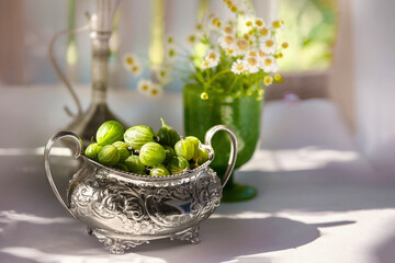 Green ripe gooseberries in an antique silver vase on the table. Beautiful still life with gooseberries and antique dishes and natural contrasting light. Picture on the wall