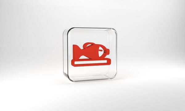 Red Served fish on a plate icon isolated on grey background. Glass square button. 3d illustration 3D render