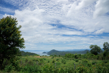 Fototapeta na wymiar Mountain sky and river landscape view in kanchanaburi, thailand