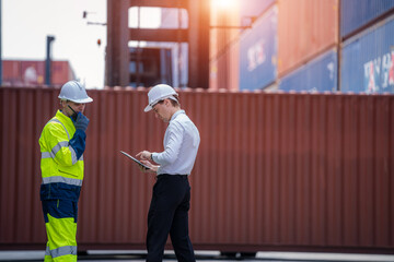 Obraz premium Industrial engineer and inspector or safety supervisor working in container terminal,Container in export and import business and logistics.