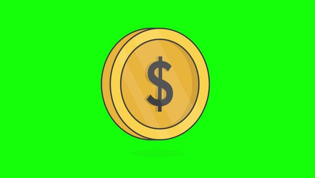 Gold Coin With Dollar Currency Sign On Green Screen Background. 3D Dollar Coin Animation