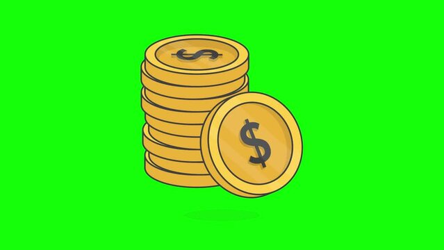 Golden Coin Dollar Stack On Green Screen Background. 3D Dollar Coins Animation