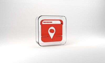 Red Infographic of city map navigation icon isolated on grey background. Mobile App Interface concept design. Geolacation concept. Glass square button. 3d illustration 3D render
