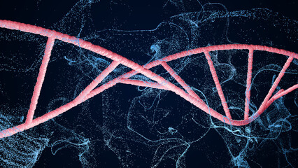 3d illustration of a light pink DNA chain on a black background with blue shining light.